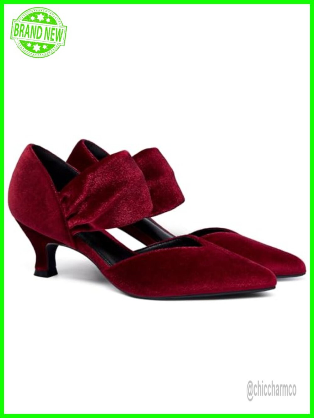 Coutgo Womens Velvet Kitten Heel Pointed Toe Slip On Ankle Strap Cutout Party